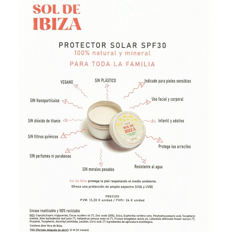 Protector Solar Natural Mineral SPF 30 sin filtro químico - Sol de Ibiza, vista características