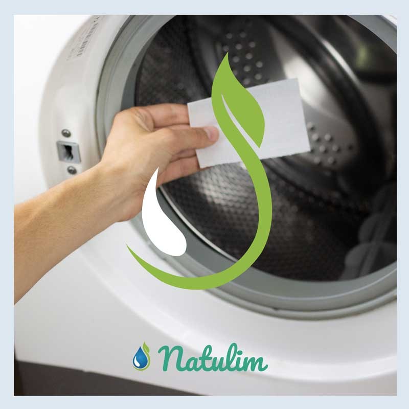 Eco-tiras detergente lavadora biodegradable, Natulim, vista en lavadora