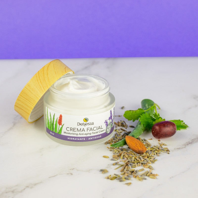 Crema facial Hidratante BIO. Lavanda, Aloe Vera y Bakuchiol. Todas las pieles. Dehesia - VEGANO, vista superior