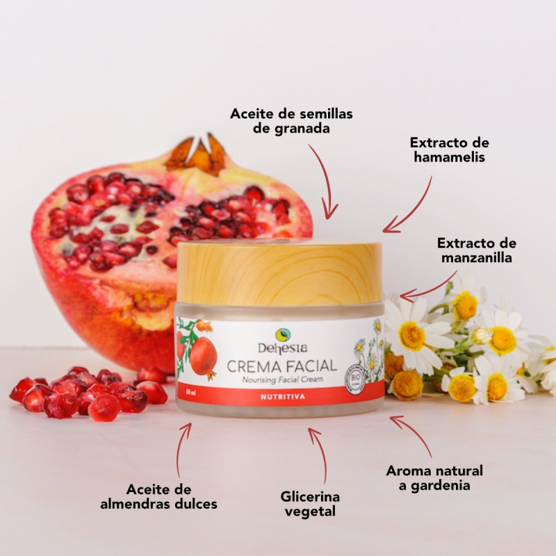 Crema facial Nutritiva BIO. Granada y manzanilla. Pieles secas y mixtas, antioxidante. Dehesia - VEGANO, vista superior