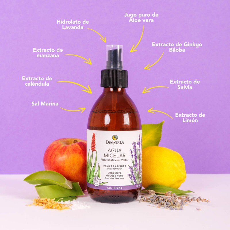 Agua Micelar BIO, all in one (limpia, desmaquilla y tonifica). Lavanda y Aloe Vera. Dehesia - VEGANO, vista ingredientes