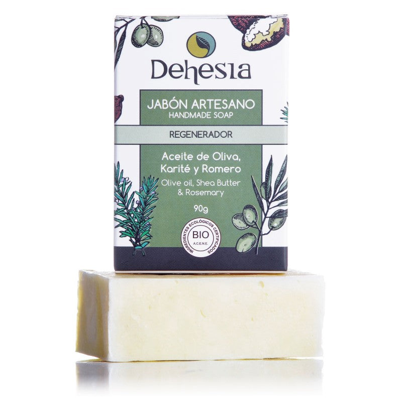 Jabón REGENERADOR BIO. Oliva, karité y romero. Pieles secas, BIO. Dehesia - VEGANO, vista frontal