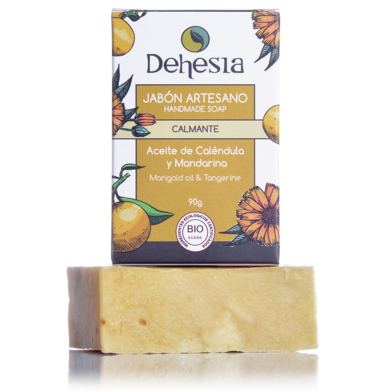 Jabón CALMANTE BIO. Caléndula y mandarina. Pieles secas o sensibles, BIO. Dehesia - VEGANO, vista frontal