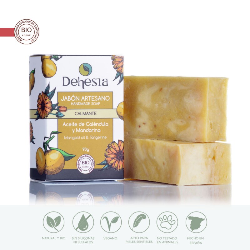 Jabón CALMANTE BIO. Caléndula y mandarina. Pieles secas o sensibles, BIO. Dehesia - VEGANO, vista con jabón
