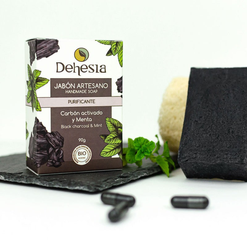 Jabón PURIFICANTE BIO. Carbón activo y menta. Pieles grasas-acnéicas, BIO. Dehesia - VEGANO, vista con ingredientes