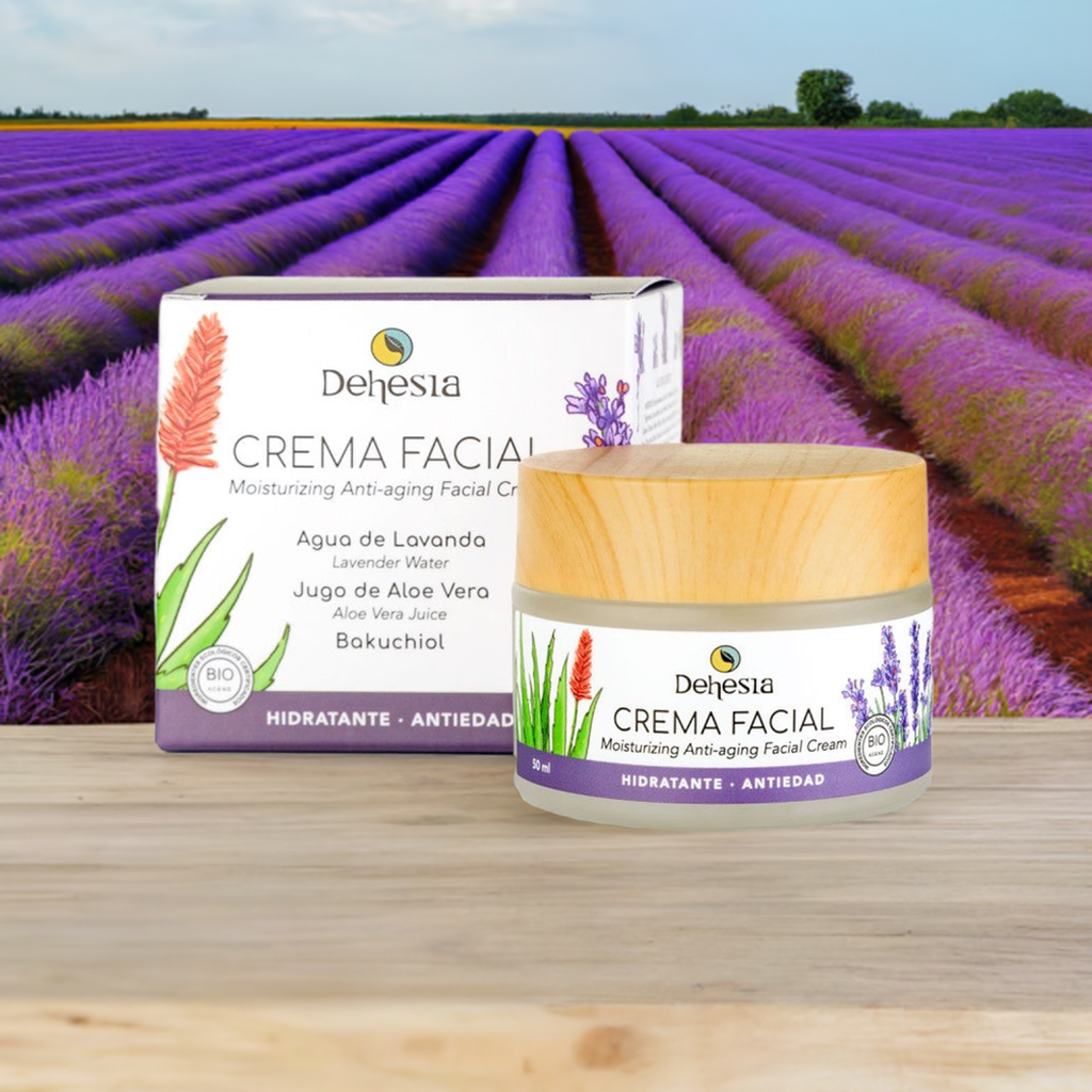 Crema facial hidratante, nutritiva y regeneradora con bakuchiol (retinol vegano). Para todo tipo de pieles. Sin parabenos, colorantes, derivados del petróleo ni perfumes artificiales. Bio y Vegana. CAMPOS DE LAVANDA