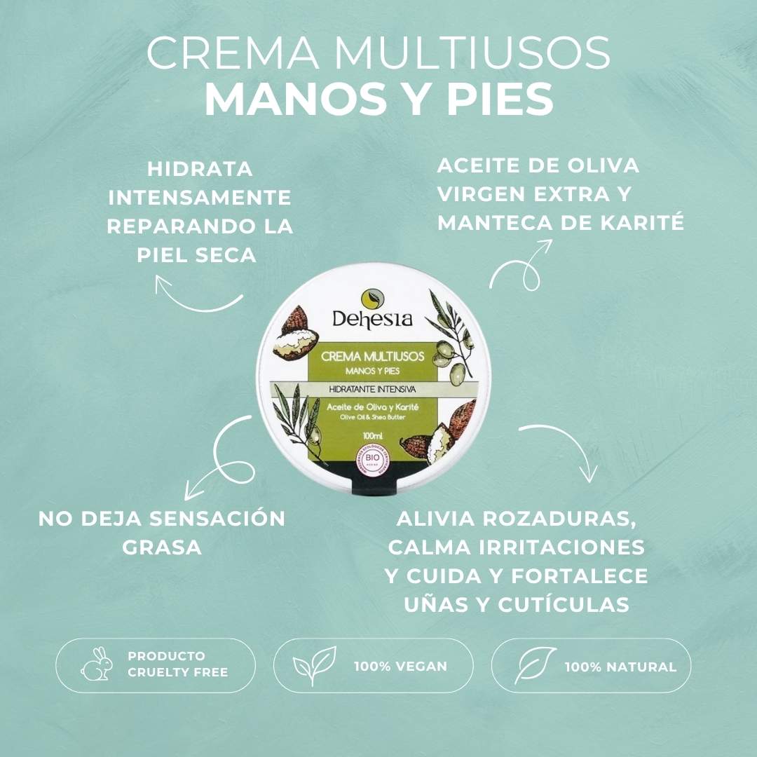 CREMA HIDRATANTE | MULTIUSOS | MANOS Y PIES | BIO | OLIVA, KARITÉ Y AGUACATE | VEGANO