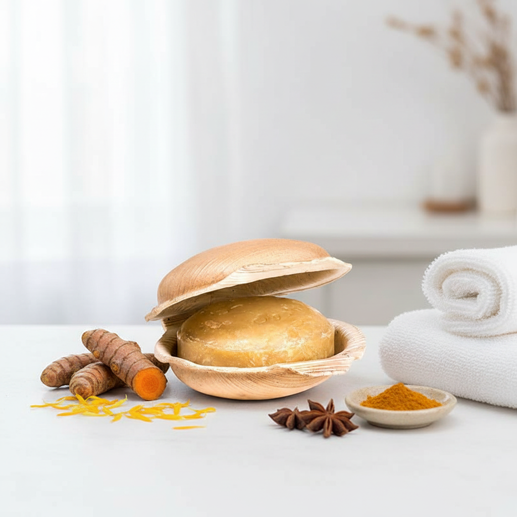 Jabón ayurvédico artesanal "Cúrcuma" con aceite de coco. Purificante, reduce manchas y cicatrices para un aspecto uniforme. Vegano, sin plásticos, comercio justo. Fragancia intensa. en uso.