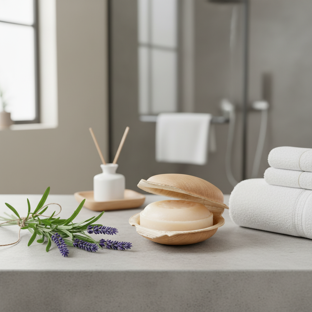 Jabón ayurvédico artesanal "Lavanda" con aceite de coco. Aroma floral calmante y relajante para ducha. Vegano, sin plásticos, comercio justo. Presentado en concha. LifeStyle