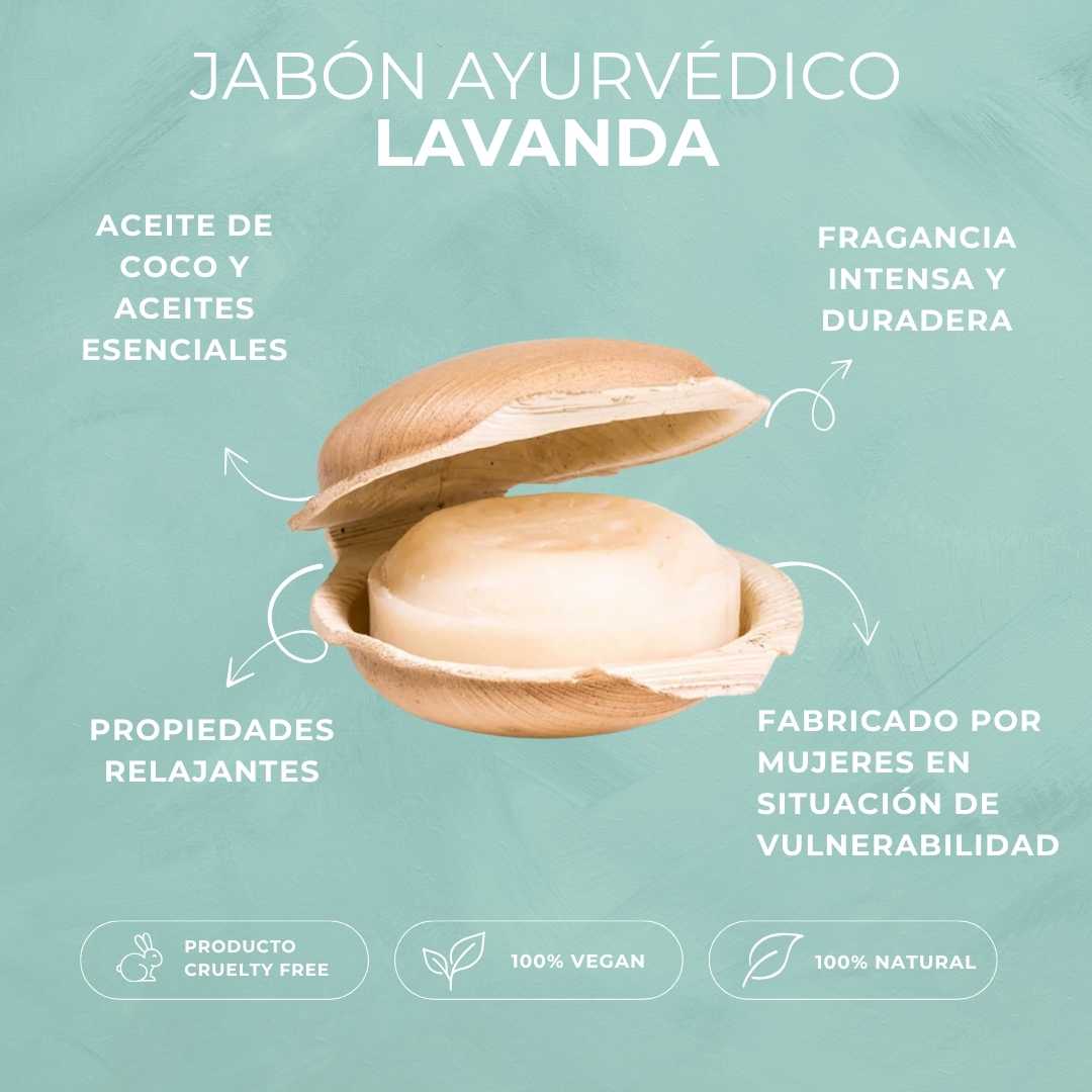 Jabón ayurvédico artesanal "Lavanda" con aceite de coco. Aroma floral calmante y relajante para ducha. Vegano, sin plásticos, comercio justo. Presentado en concha.