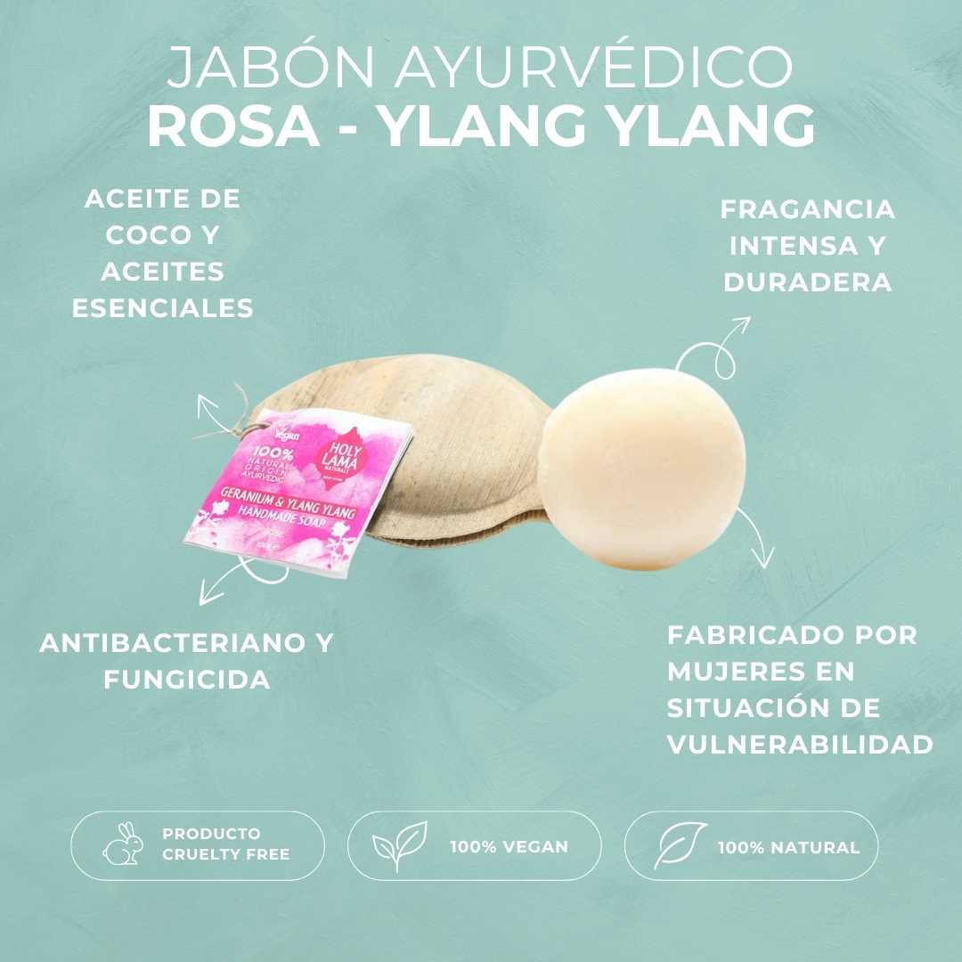 Jabón ayurvédico artesanal "Rosa" con aceite de coco. Limpieza suave e hidratación natural para la piel. Vegano, sin plásticos, comercio justo. Fragancia intensa. Presentado en concha.