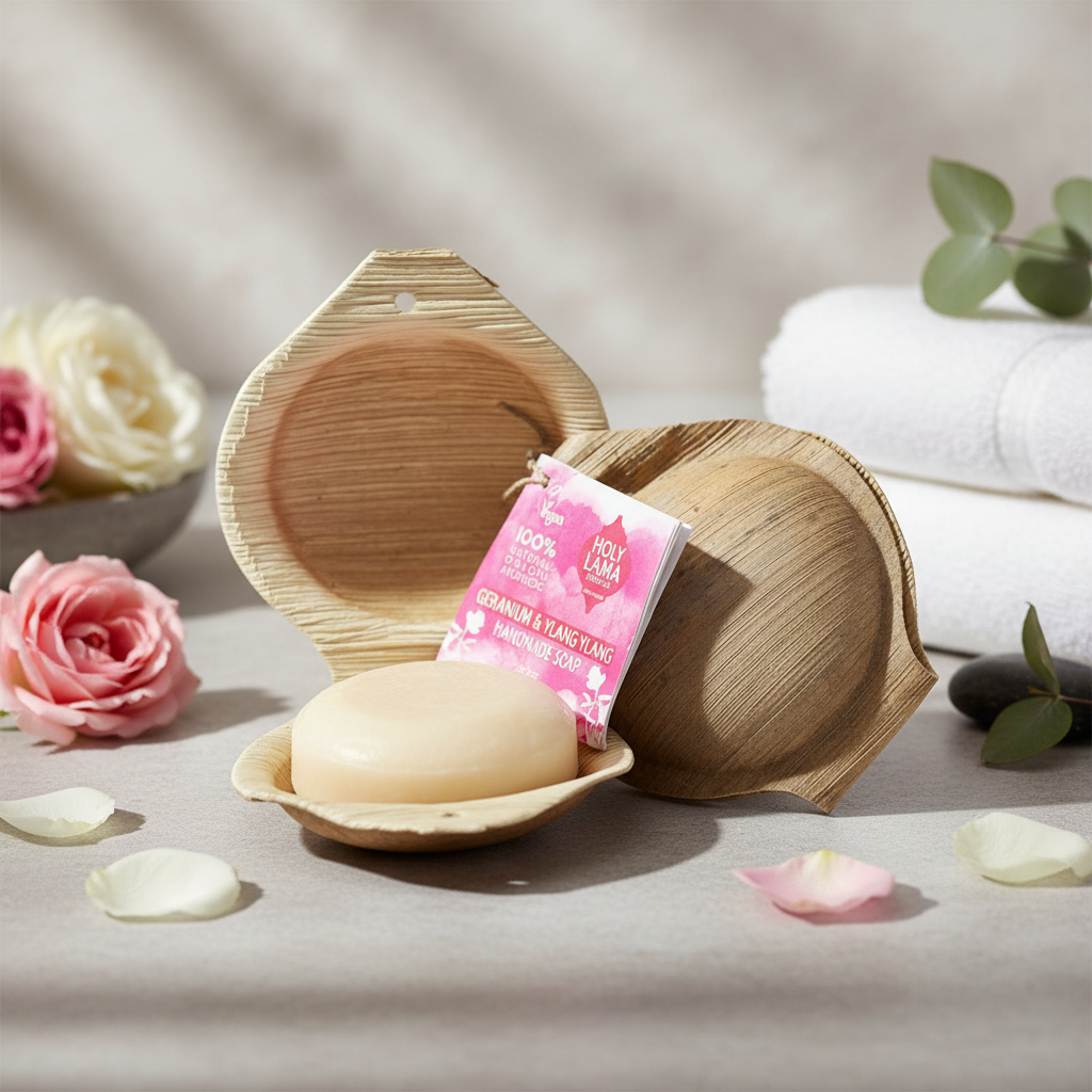 Jabón ayurvédico artesanal "Rosa" con aceite de coco. Limpieza suave e hidratación natural para la piel. Vegano, sin plásticos, comercio justo. Fragancia intensa. Presentado en concha. LIFESTYLE