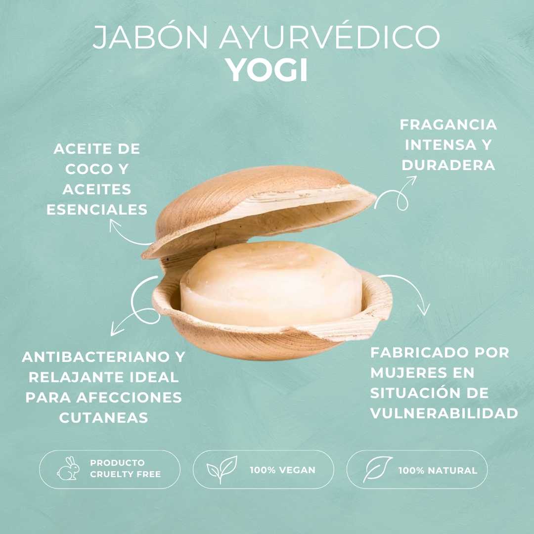 Jabón ayurvédico artesanal "Yogi" con aceite de coco, neem y tulsi. Calmante y nutritivo para la piel. Vegano, sin plásticos y de comercio justo. Fragancia intensa y duradera. CARACTERÍSTICAS