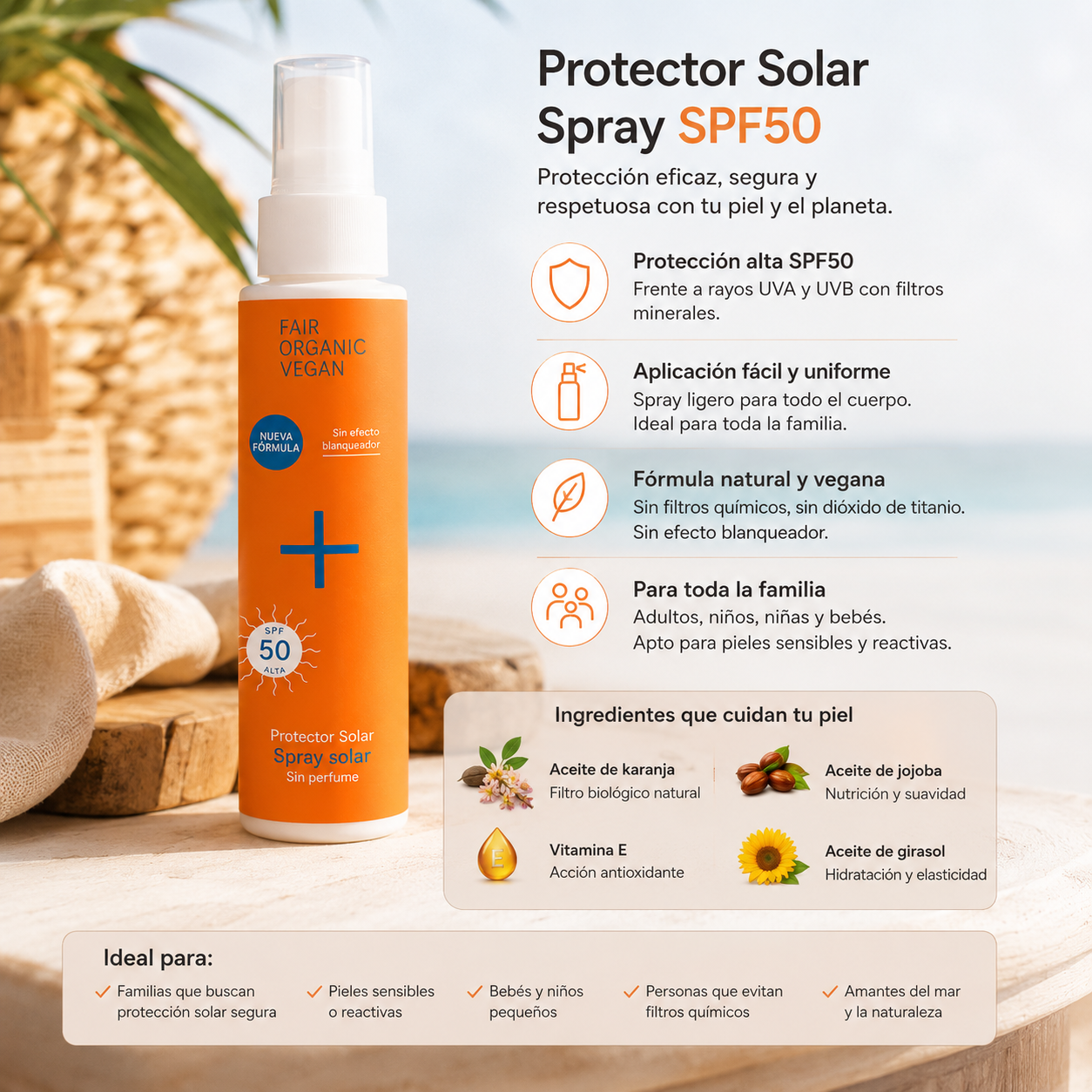 PROTECTOR SOLAR SPF 50 | PARA TODA LA FAMILIA | MINERAL | EN SPRAY | VEGANO | I+M
