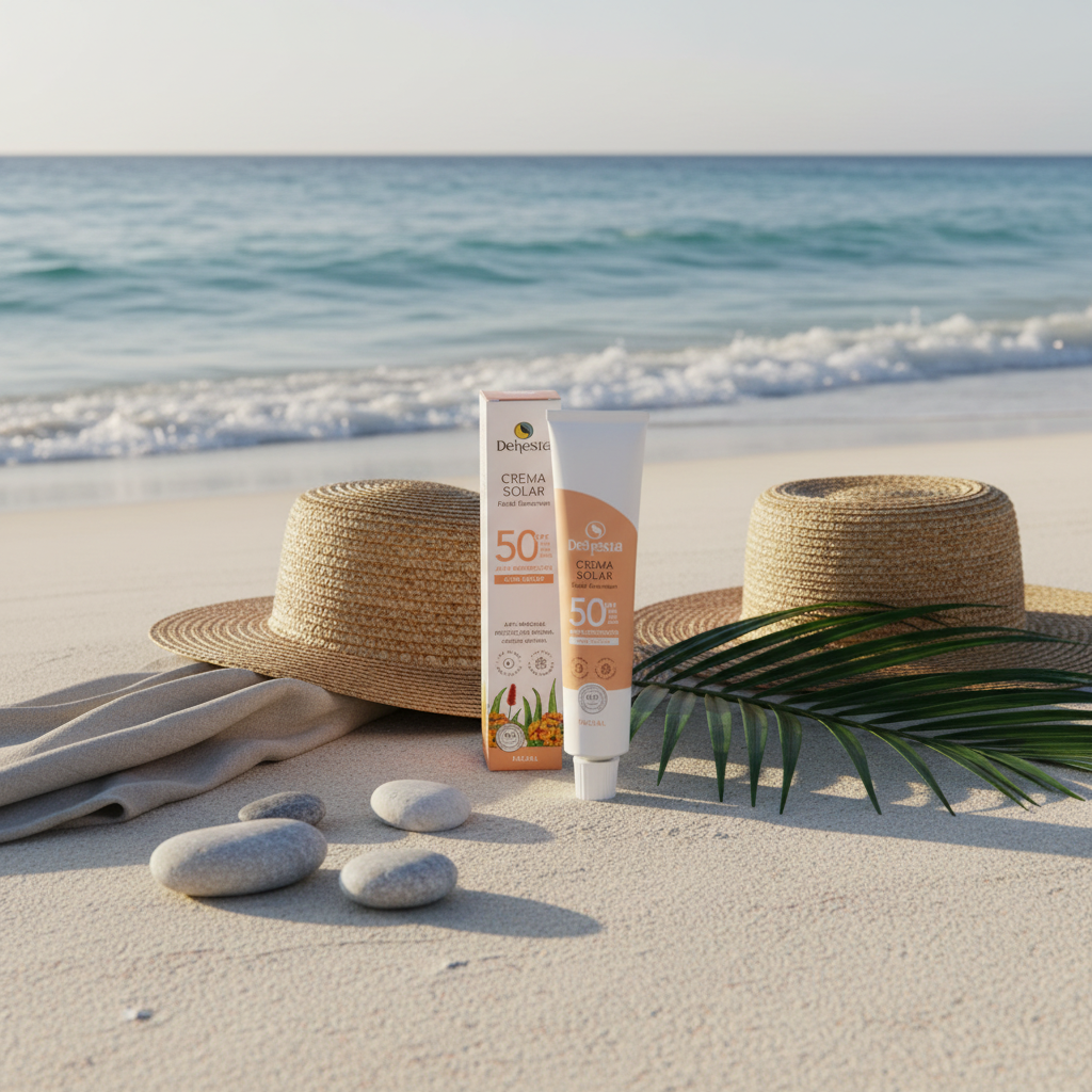 Protector solar facial con filtros 100% minerales SPF50. Antimanchas y anti luz azul. Con color invisible para un acabado natural. Ideal para pieles sensibles y rosácea. Bio y Vegano. eN LA PLAYA