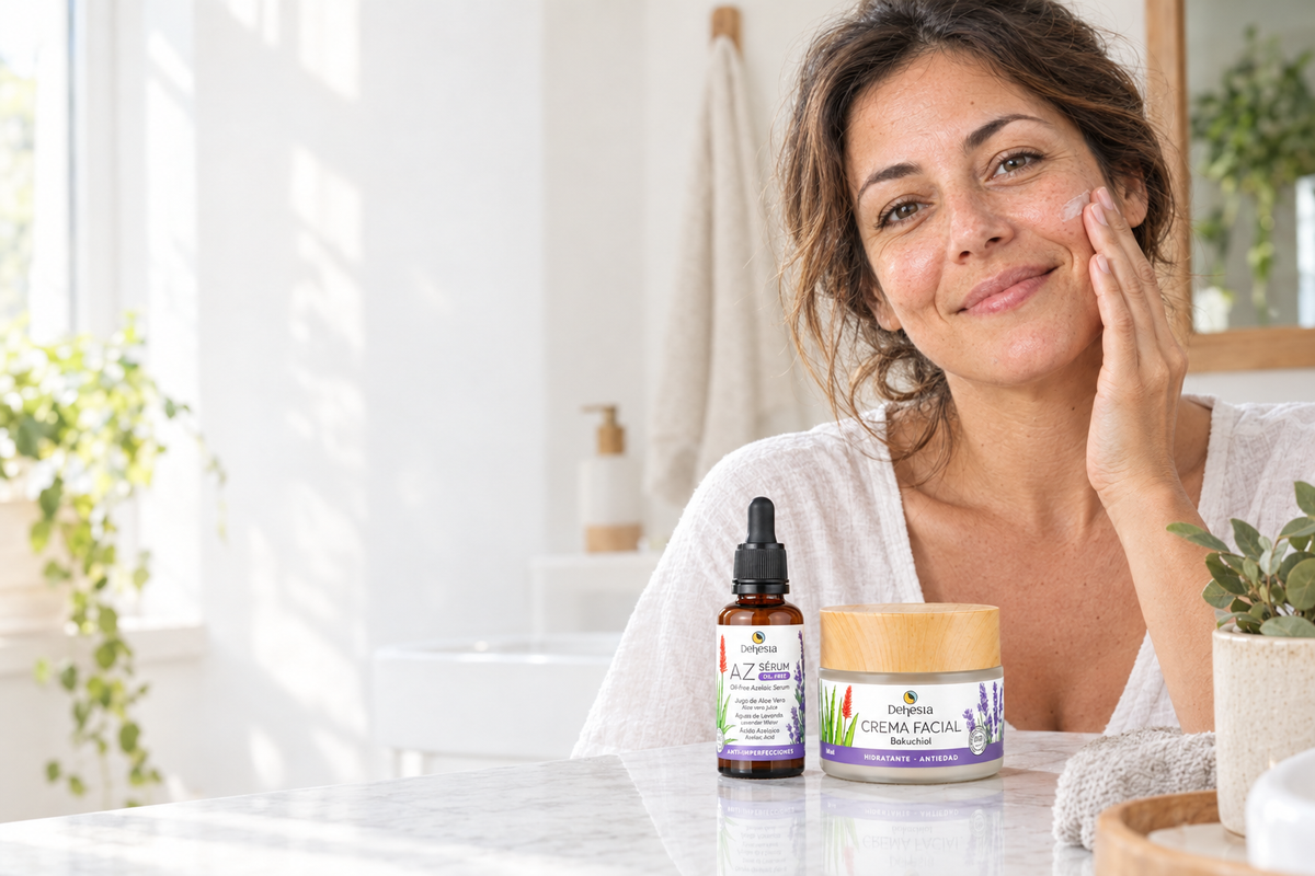 Banner de la rutina facial con una mujer natural mirando a cámara