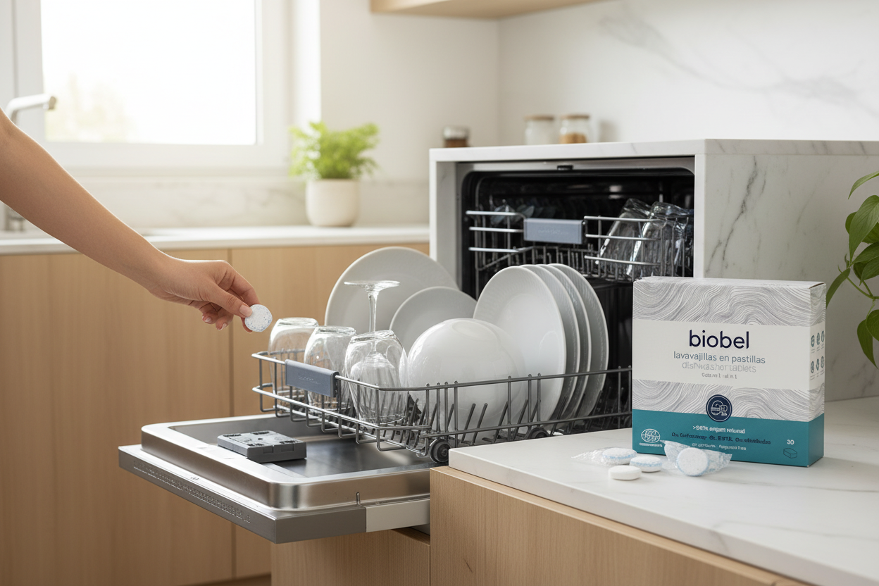 Banner mano colocando pastilla lavavajillas