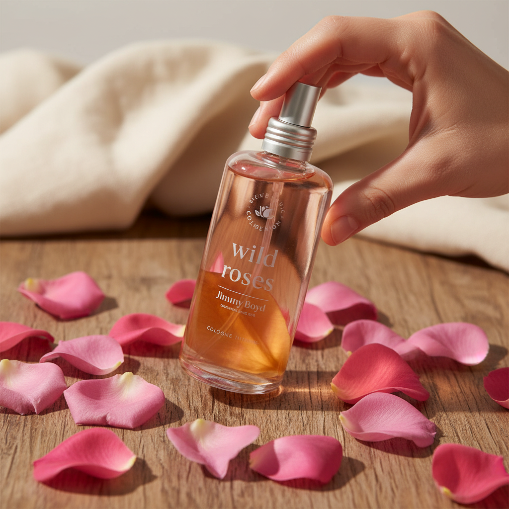 Detalle de manos con colonia Wild Roses y pétalos