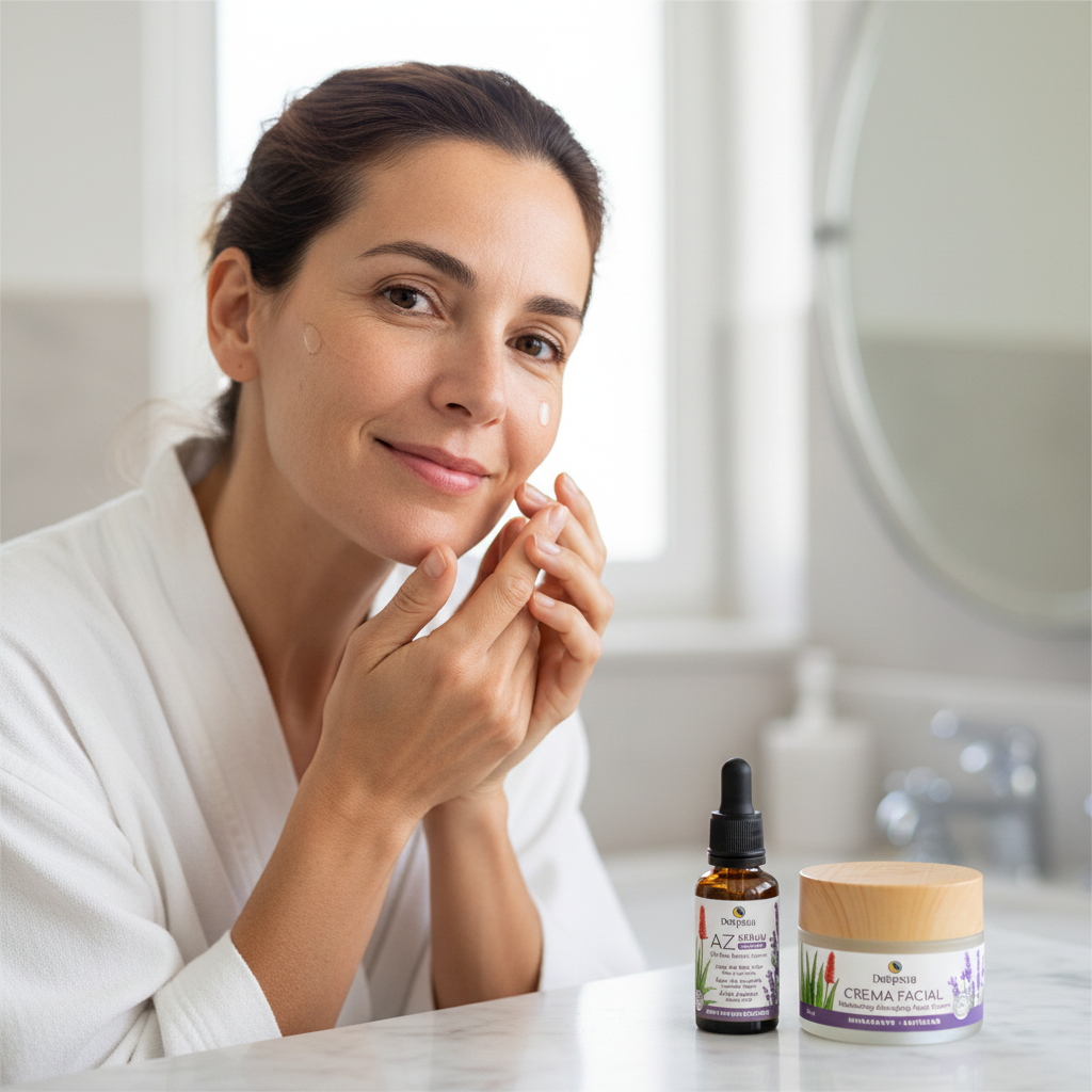 Foto realista de uso rutina facial - mujer 40 años
