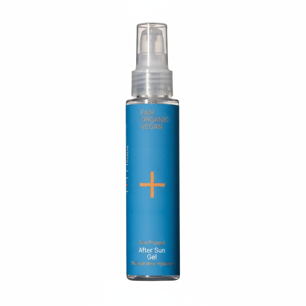 Una persona aplicando el Gel After Sun Refrescante de Almaeko sobre la piel después de un día de playa para calmar e hidratar