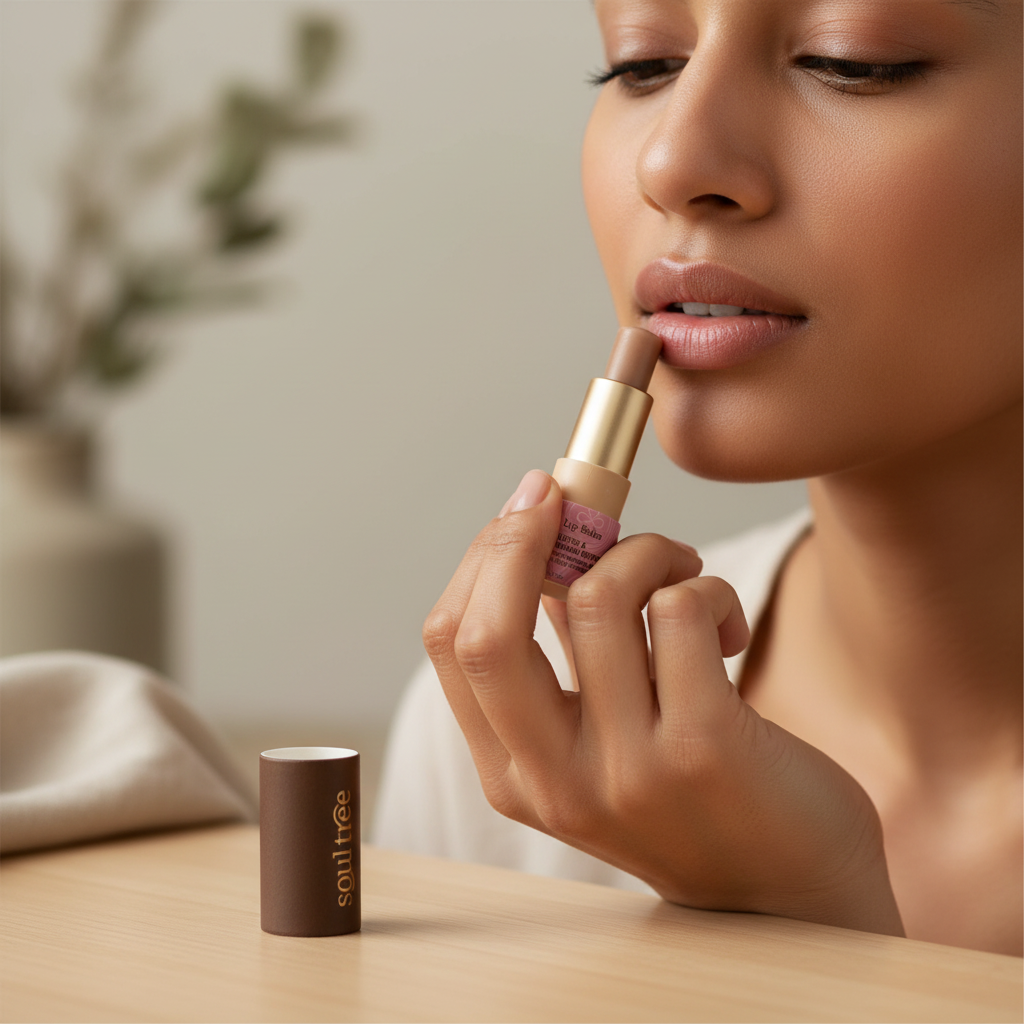 Imagen de uso bálsamo labial Ayurveda formato cuadrado