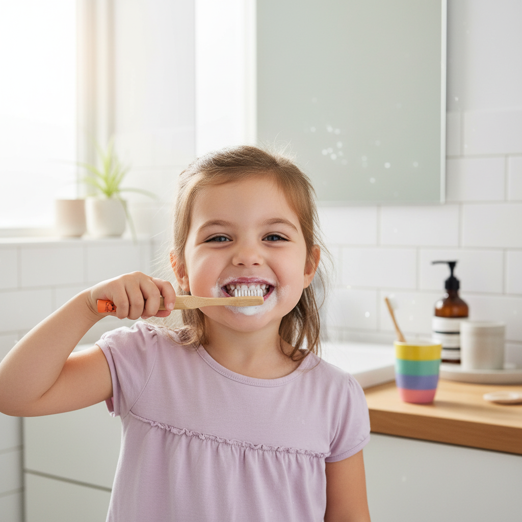 Niña usando cepillo de dientes