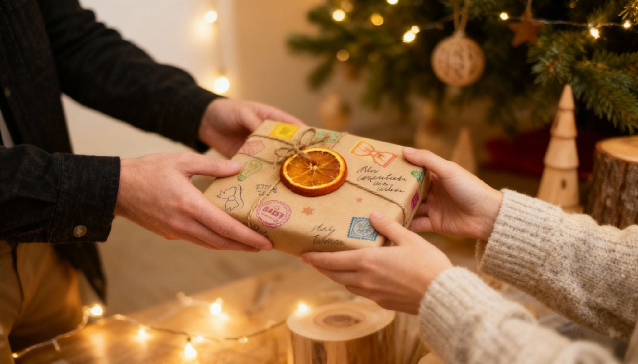 Una persona regala a otra un regalo comprado en Alma Eko. Está envuelto con mucho gusto, productos naturales y tiene una rodaja de naranja seca como decoración de envoltorio. 