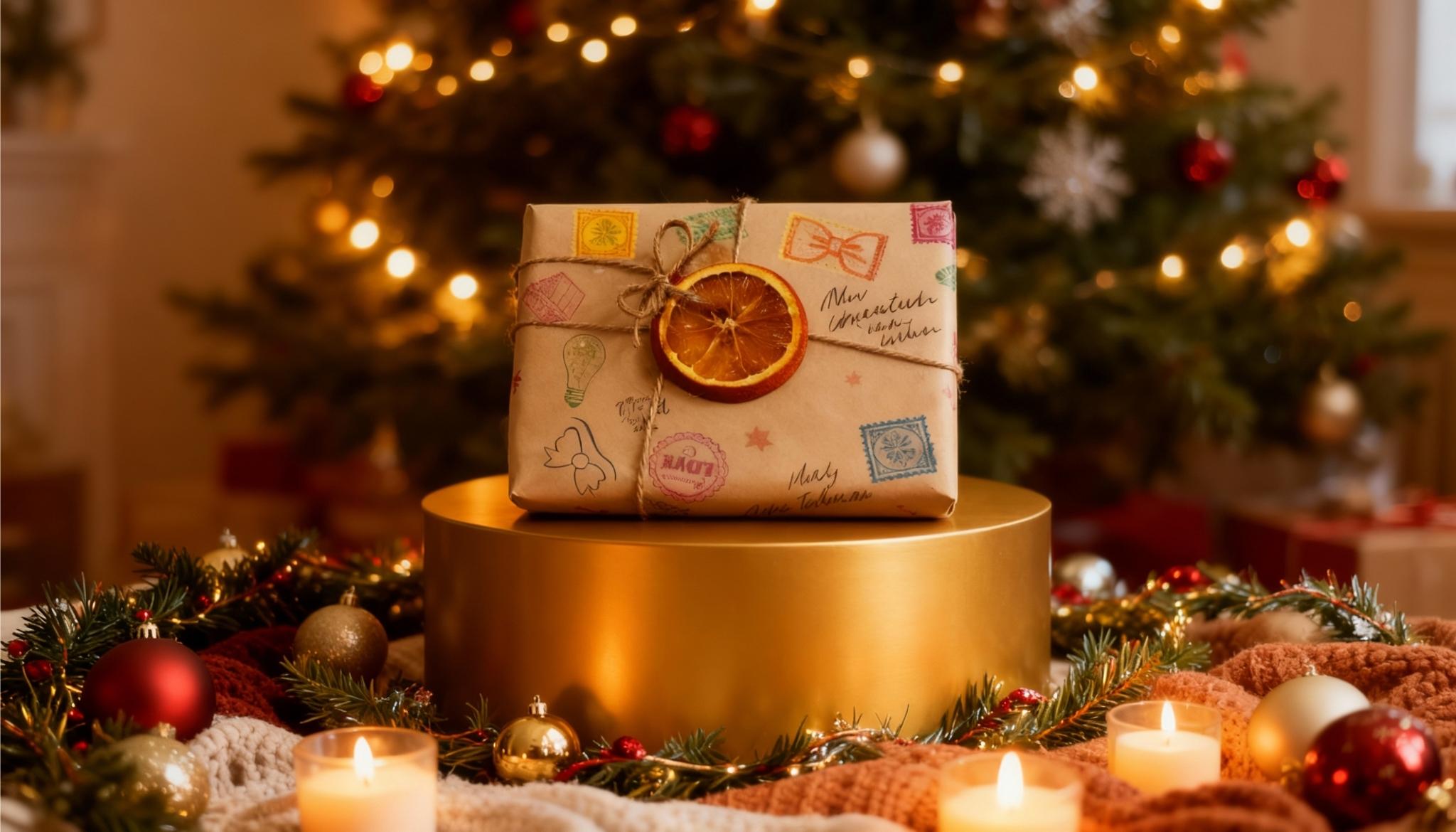 Un regalo de Alma Eko envuelto de forma sostenible y con una rodaja seca de naranja como decoración está en un podio en la sección de los más regalados en Alma Eko. 