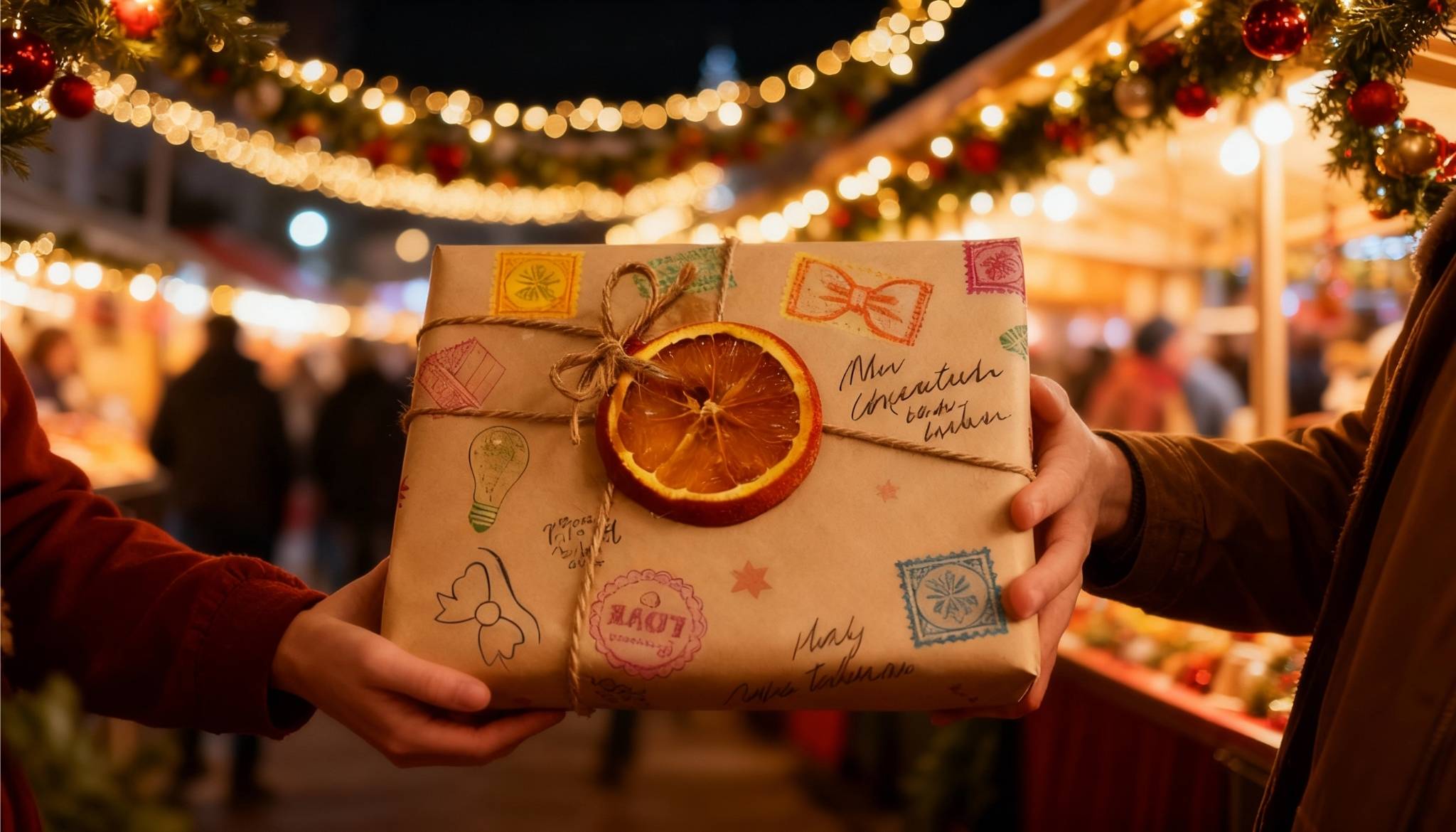 Con un mercadillo navideño de fondo dos personas sujetan un regalo comprado en Alma Eko que está envuelto con packaging sostenible y tiene una rodaja de naranja seca como decoración. 