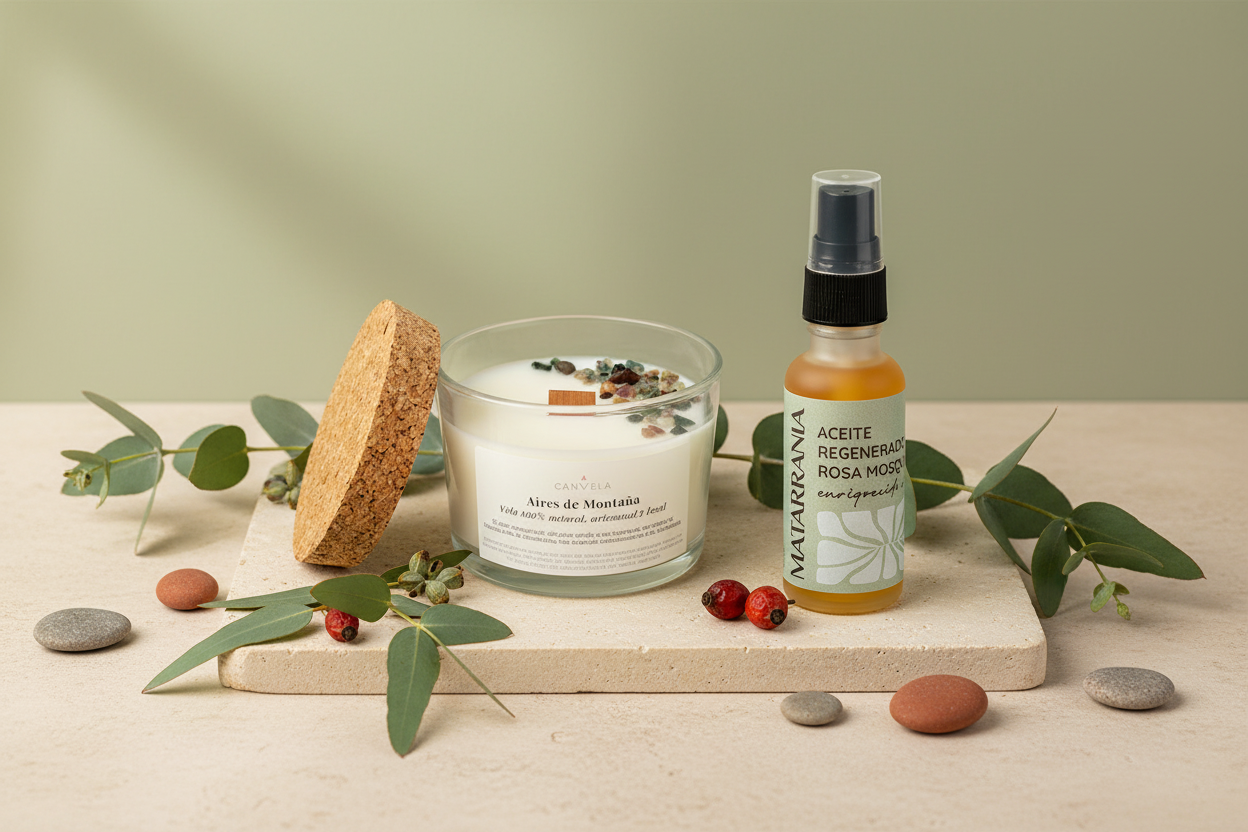 Una persona le regala a otra un paquete comprado el Alma Eko. El paquete está envuelto con mucho gusto, de forma sostenible y con una rodaja de naranja seca como decoración