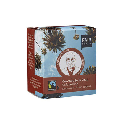 Jabón corporal exfoliante de coco y café granulado, vista frontal caja