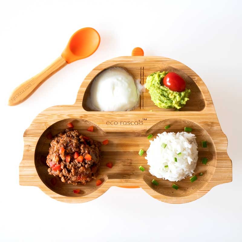 Plato Bamboo Coche, vista superior con comida