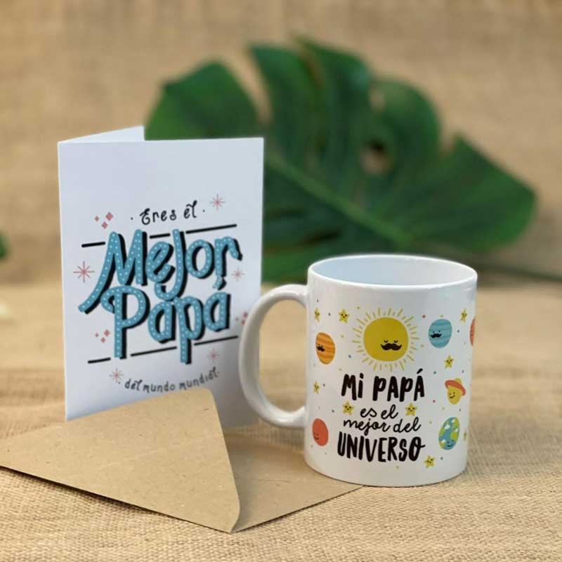 Pack taza super papi + tarjeta de regalo (elige taza), vista lateral