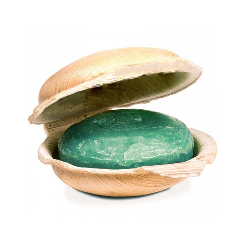 Jabón Ayurvédico Artesanal "Rain Forest" en concha vegetal. VEGANO, vista abierto