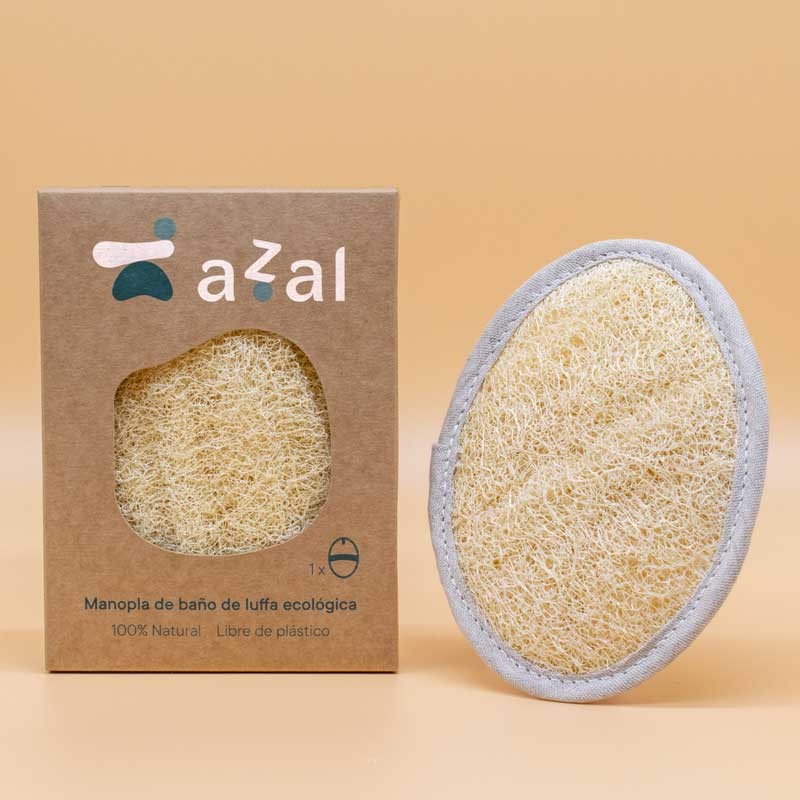 Manopla corporal de luffa ecológica ovalada. Artesanal de Galicia. VEGANO, vista con caja