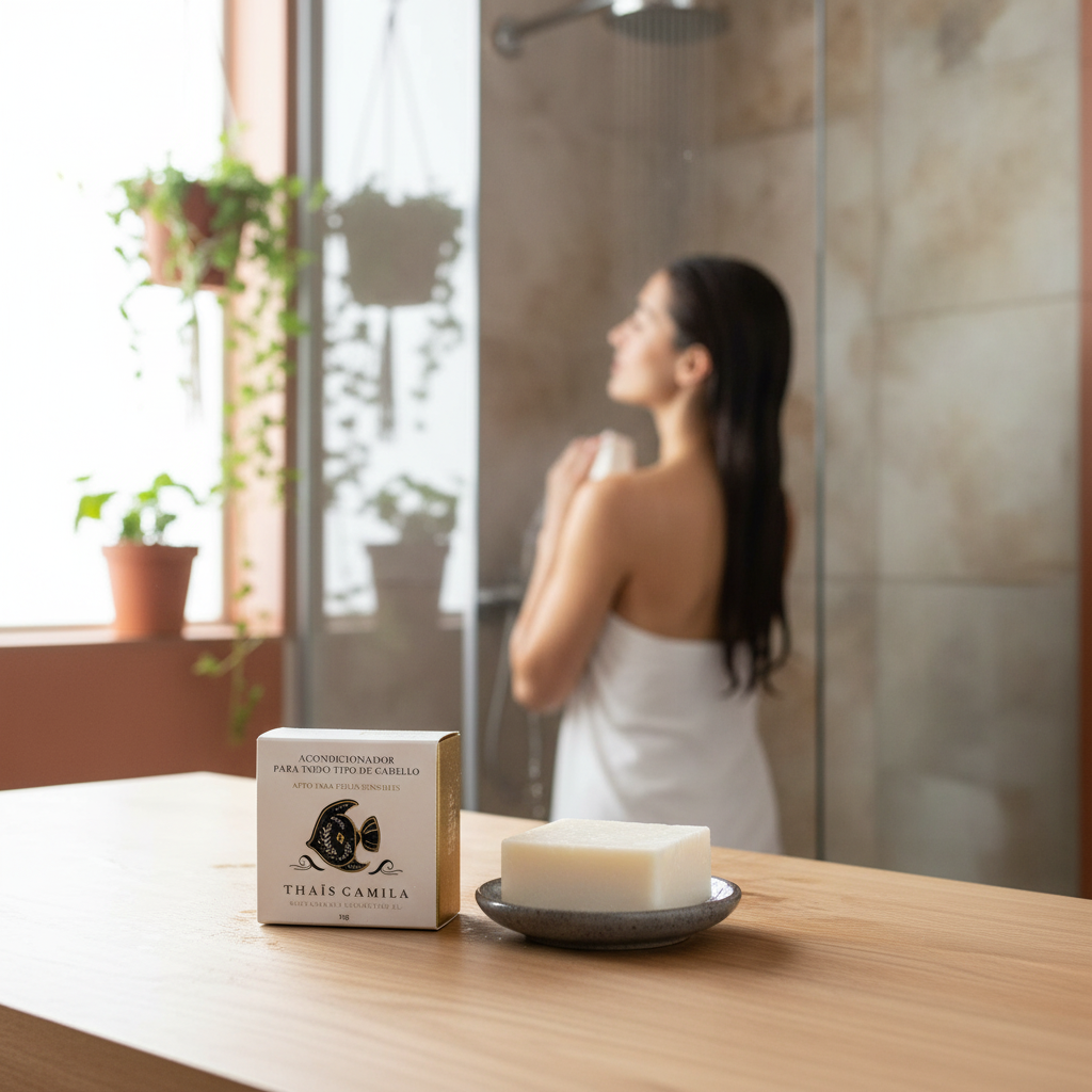 Acondicionador sólido nutritivo e hidratante para cabello dañado, puntas abiertas y encrespamiento. Fórmula vegana, natural, sin sulfatos ni parabenos. Deja el pelo suave, brillante y fácil de peinar EN LA DUCHA