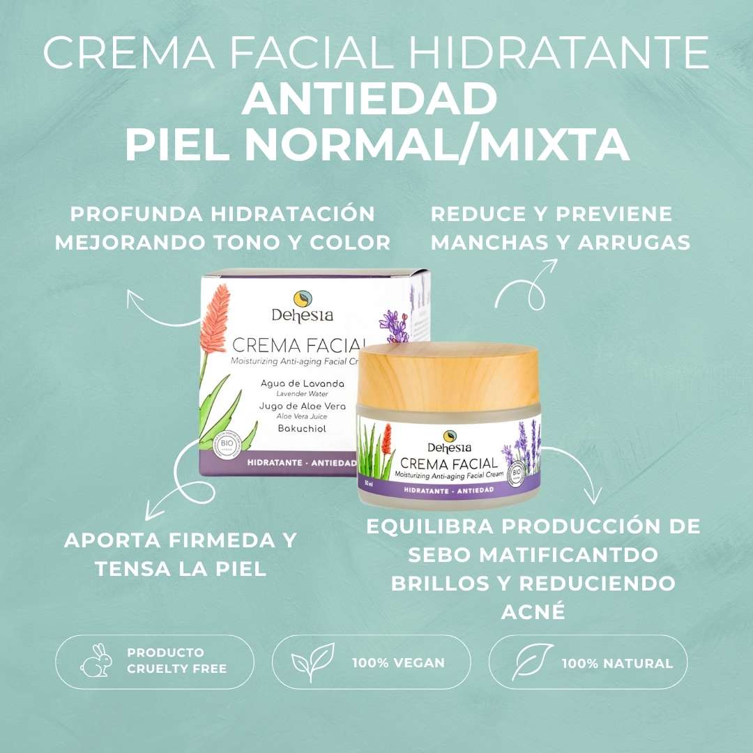 Crema facial hidratante, nutritiva y regeneradora con bakuchiol (retinol vegano). Para todo tipo de pieles. Sin parabenos, colorantes, derivados del petróleo ni perfumes artificiales. Bio y Vegana. CARACTERISTICAS