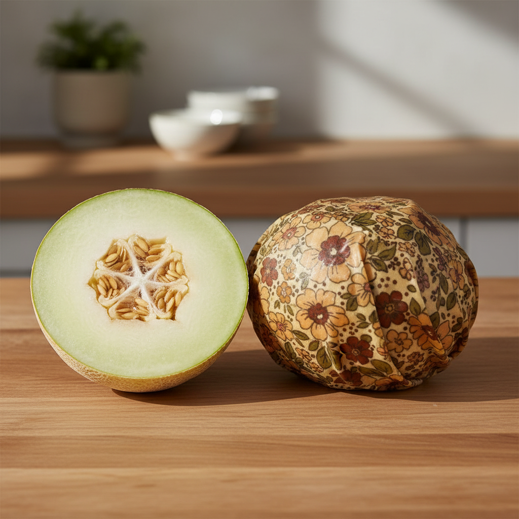 Envoltorio para alimentos de cera de abeja en uso con un melón