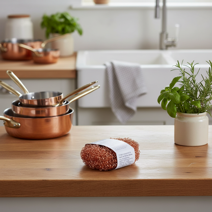 Estropajo de cobre antibacteriano biodegradable en cocina