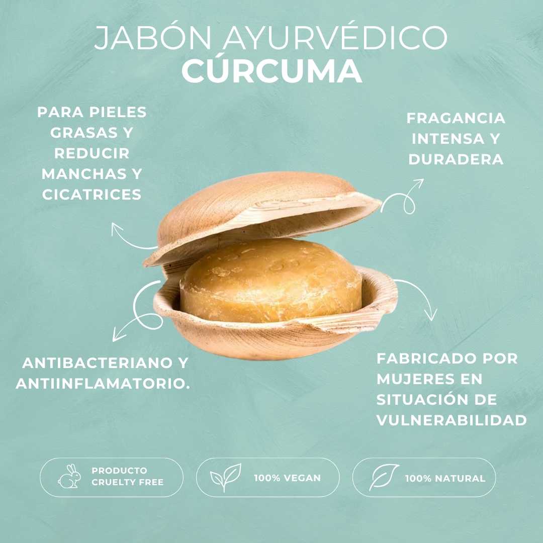 Jabón ayurvédico artesanal "Cúrcuma" con aceite de coco. Purificante, reduce manchas y cicatrices para un aspecto uniforme. Vegano, sin plásticos, comercio justo. Fragancia intensa. CARACTERÍSTICAS