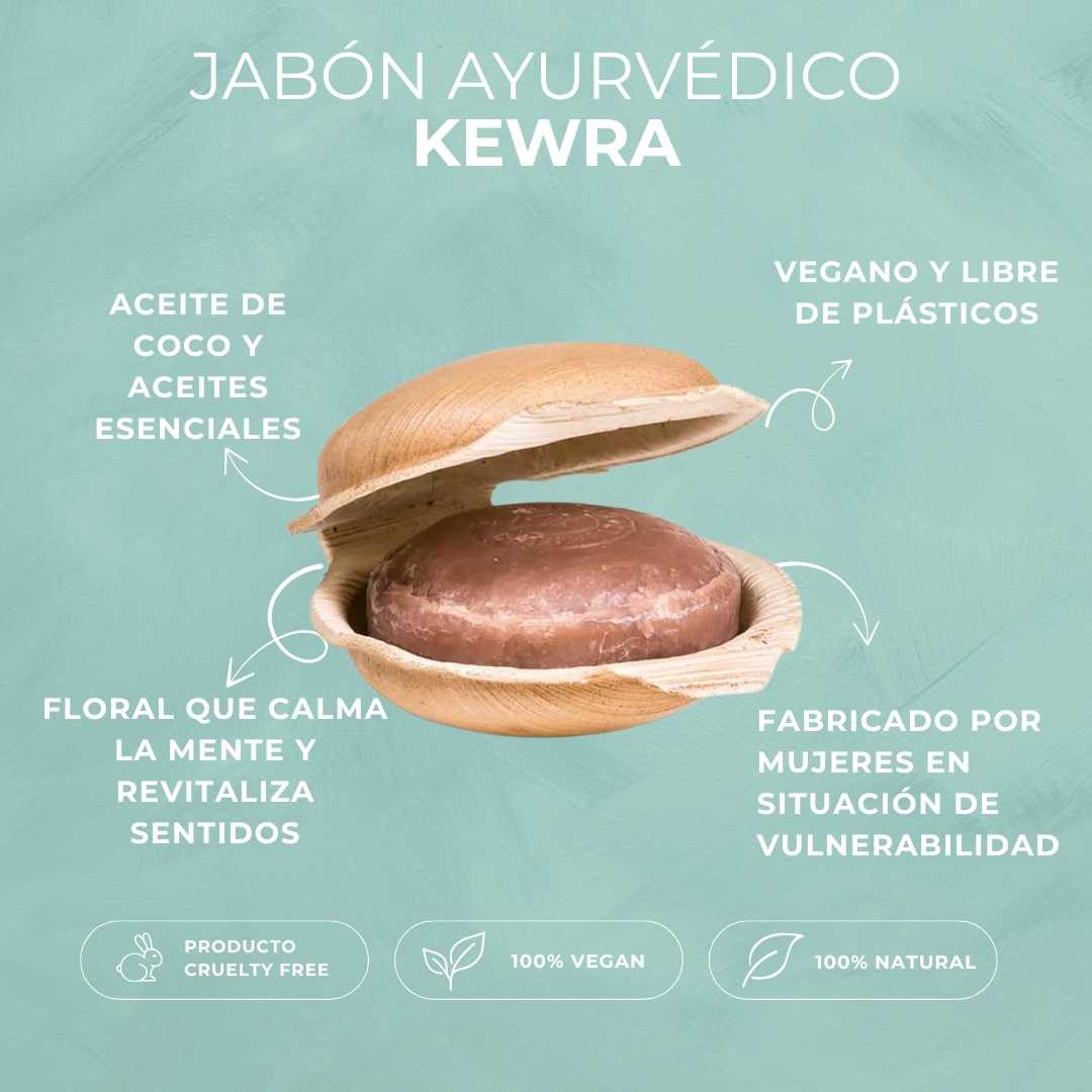 Jabón ayurvédico artesanal "Kewra" con aceite de coco y aceites esenciales. Aroma floral revitalizante para pieles sensibles. Vegano, sin plásticos, comercio justo. Presentado en concha natural - características