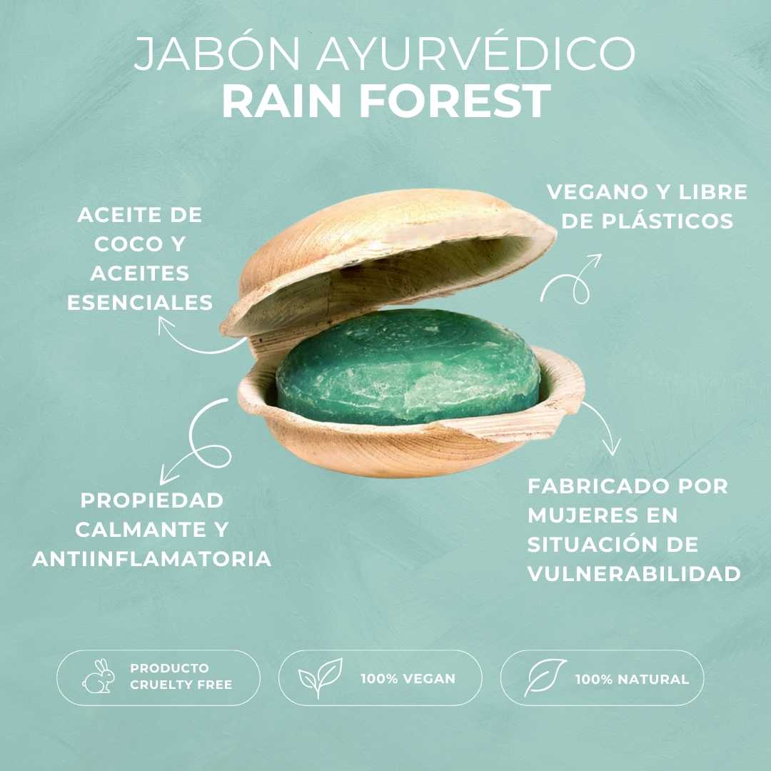 Jabón ayurvédico artesanal "Rain Forest" con aceite de coco y vetiver. Ideal para piel grasa y con acné. Vegano, sin plásticos y de comercio justo. Fragancia intensa y refrescante.