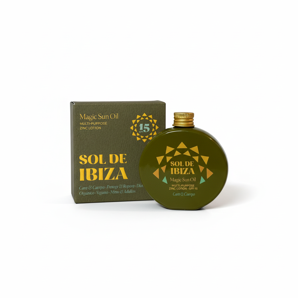 Aceite solar mágico SPF15 para cuerpo y cara. 100% natural y vegano. Con óxido de zinc, protege, regenera y previene las manchas. Aroma a hierbas de Ibiza.