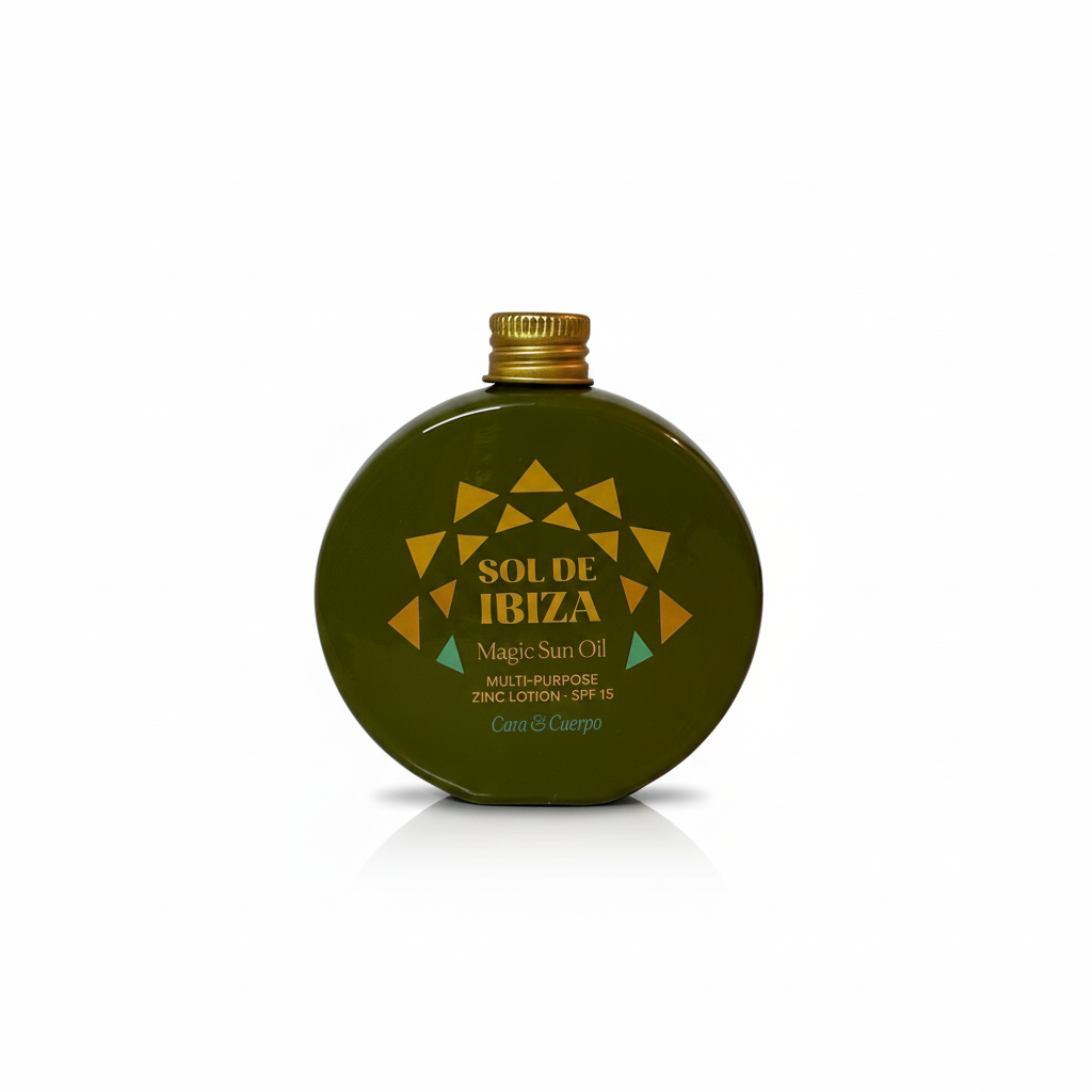 Aceite solar mágico SPF15 para cuerpo y cara. 100% natural y vegano. Con óxido de zinc, protege, regenera y previene las manchas. Aroma a hierbas de Ibiza. BOTE