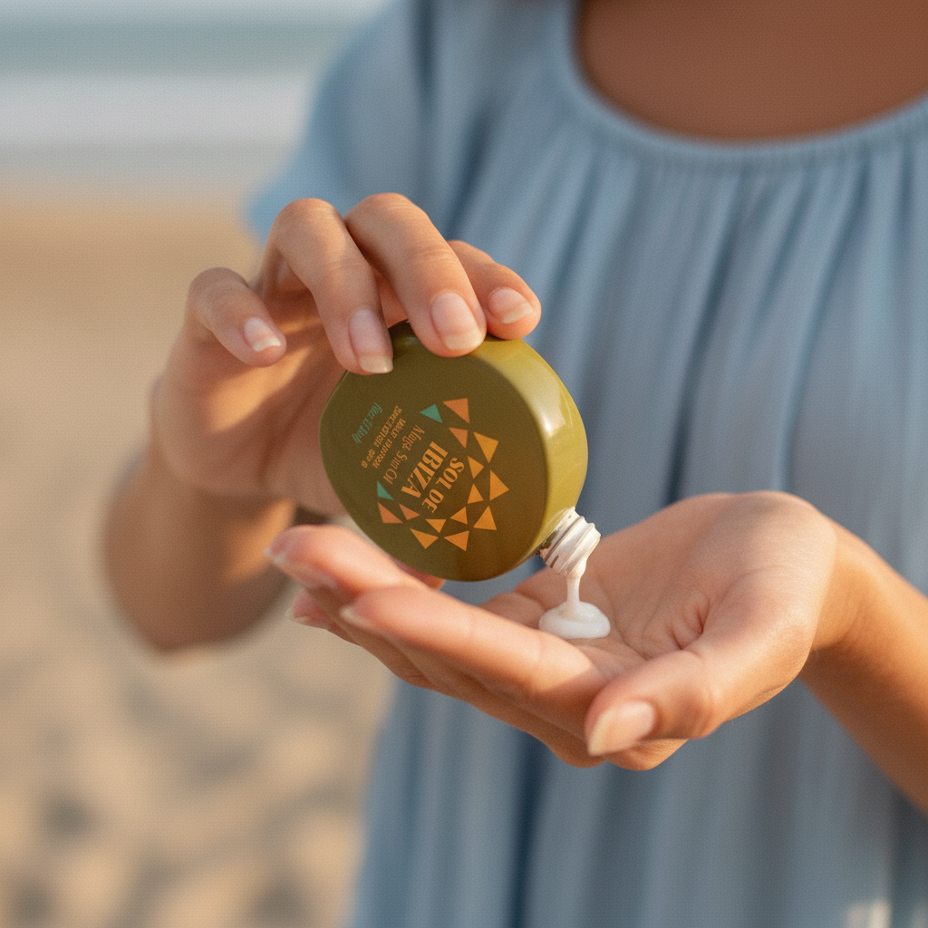 Aceite solar mágico SPF15 para cuerpo y cara. 100% natural y vegano. Con óxido de zinc, protege, regenera y previene las manchas. Aroma a hierbas de Ibiza. EN USO