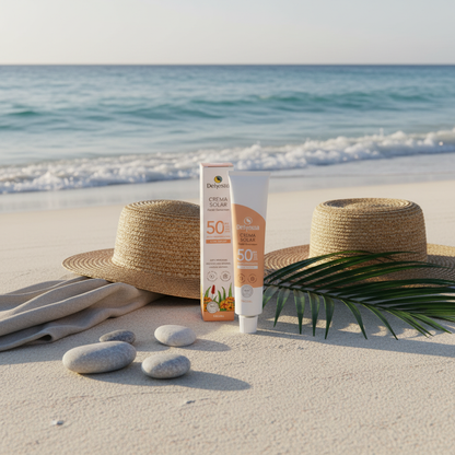 Protector solar facial con filtros 100% minerales SPF50. Antimanchas y anti luz azul. Con color invisible para un acabado natural. Ideal para pieles sensibles y rosácea. Bio y Vegano. eN LA PLAYA