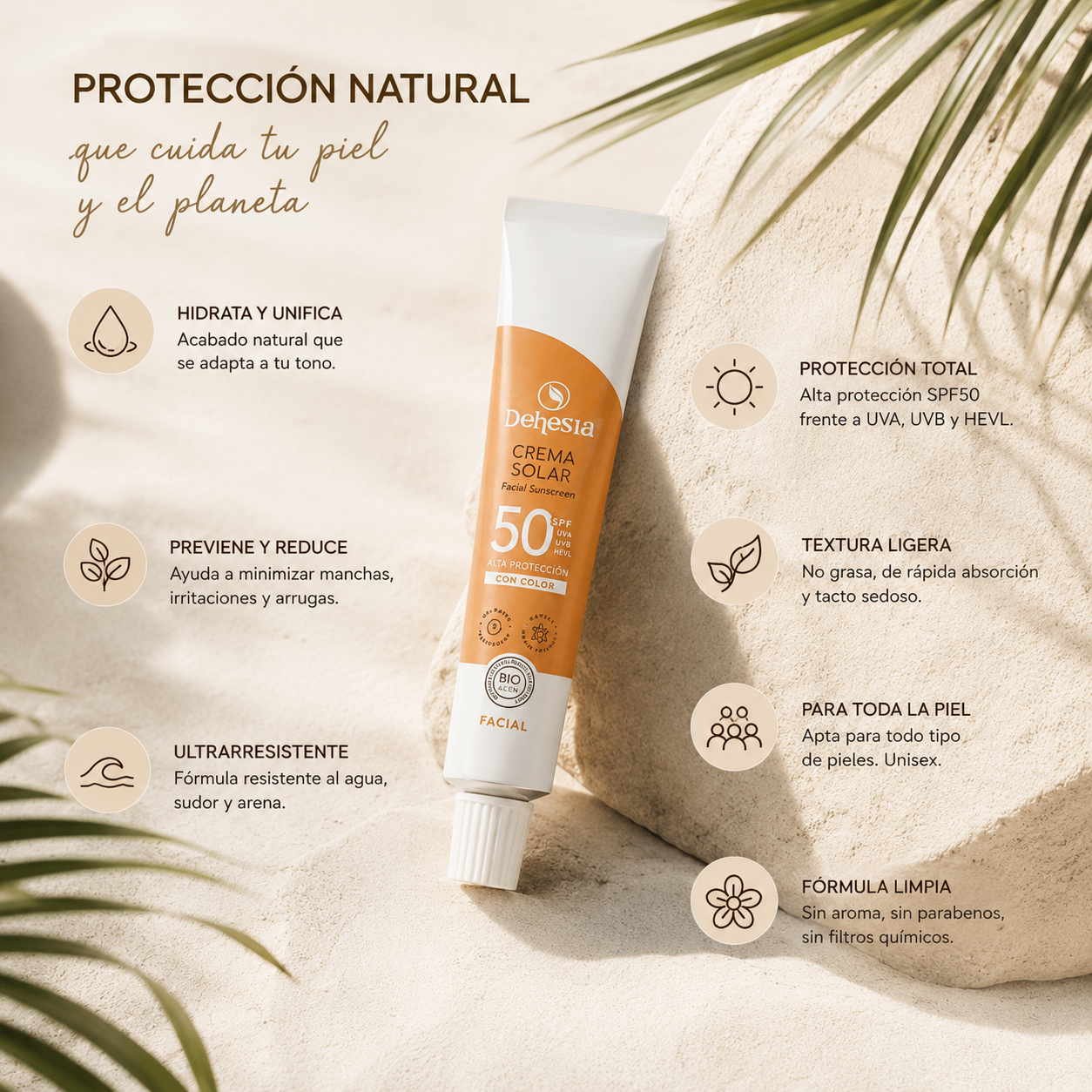 Protector solar facial con filtros 100% minerales SPF50. Antimanchas y anti luz azul. Con color invisible para un acabado natural. Ideal para pieles sensibles y rosácea. Bio y Vegano. PROPIEDADES