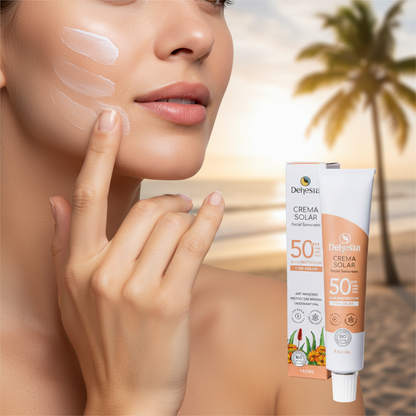 Protector solar facial con filtros 100% minerales SPF50. Antimanchas y anti luz azul. Con color invisible para un acabado natural. Ideal para pieles sensibles y rosácea. Bio y Vegano. en uso