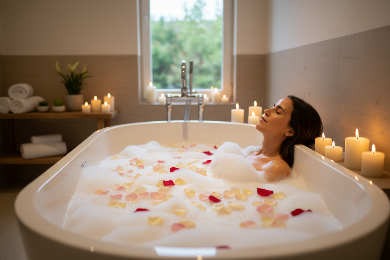 Banner de baño relajante con espuma y velas