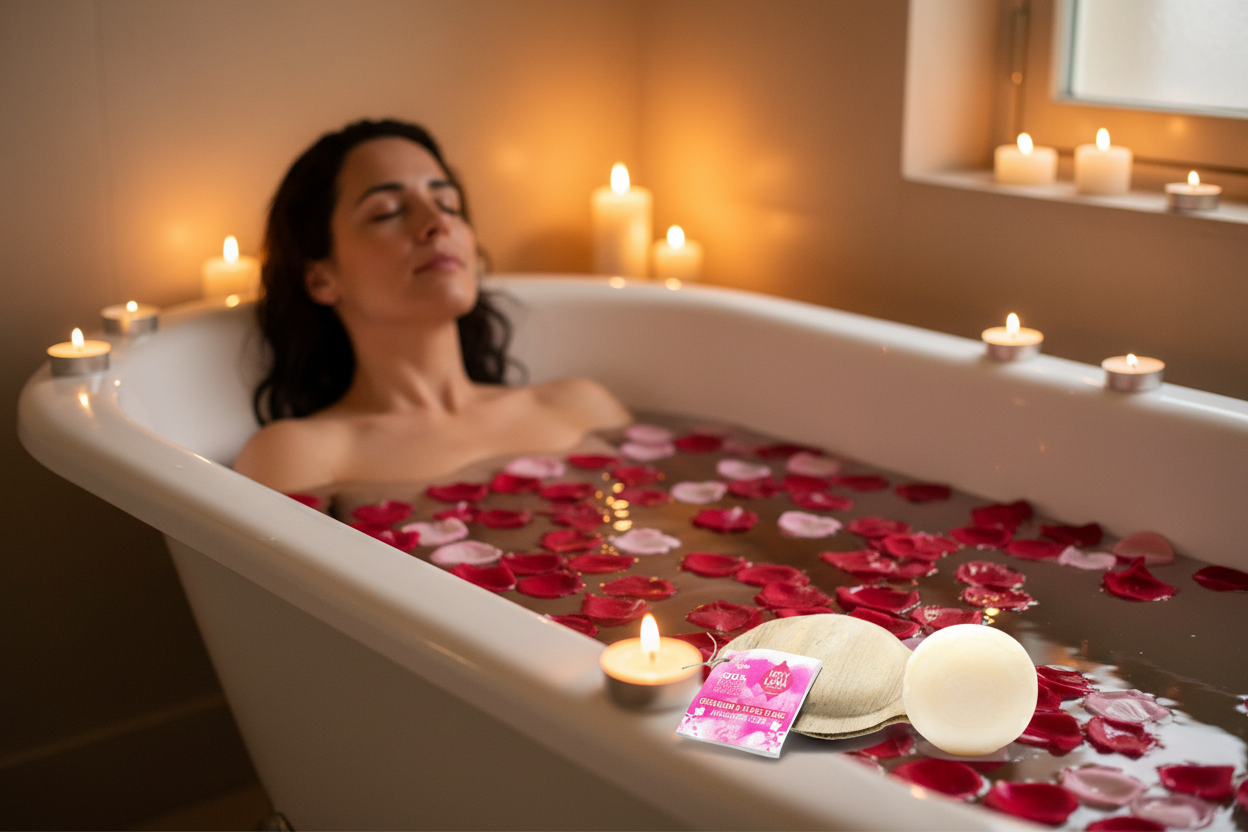 Banner de baño relajante con Jabón Ayurvédico de Rosas